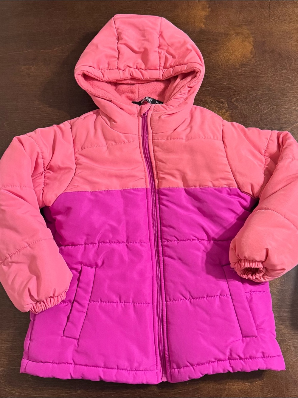 Girls' Two-Tone Hooded Puffer Jacket in Light Pink and Hot Pink